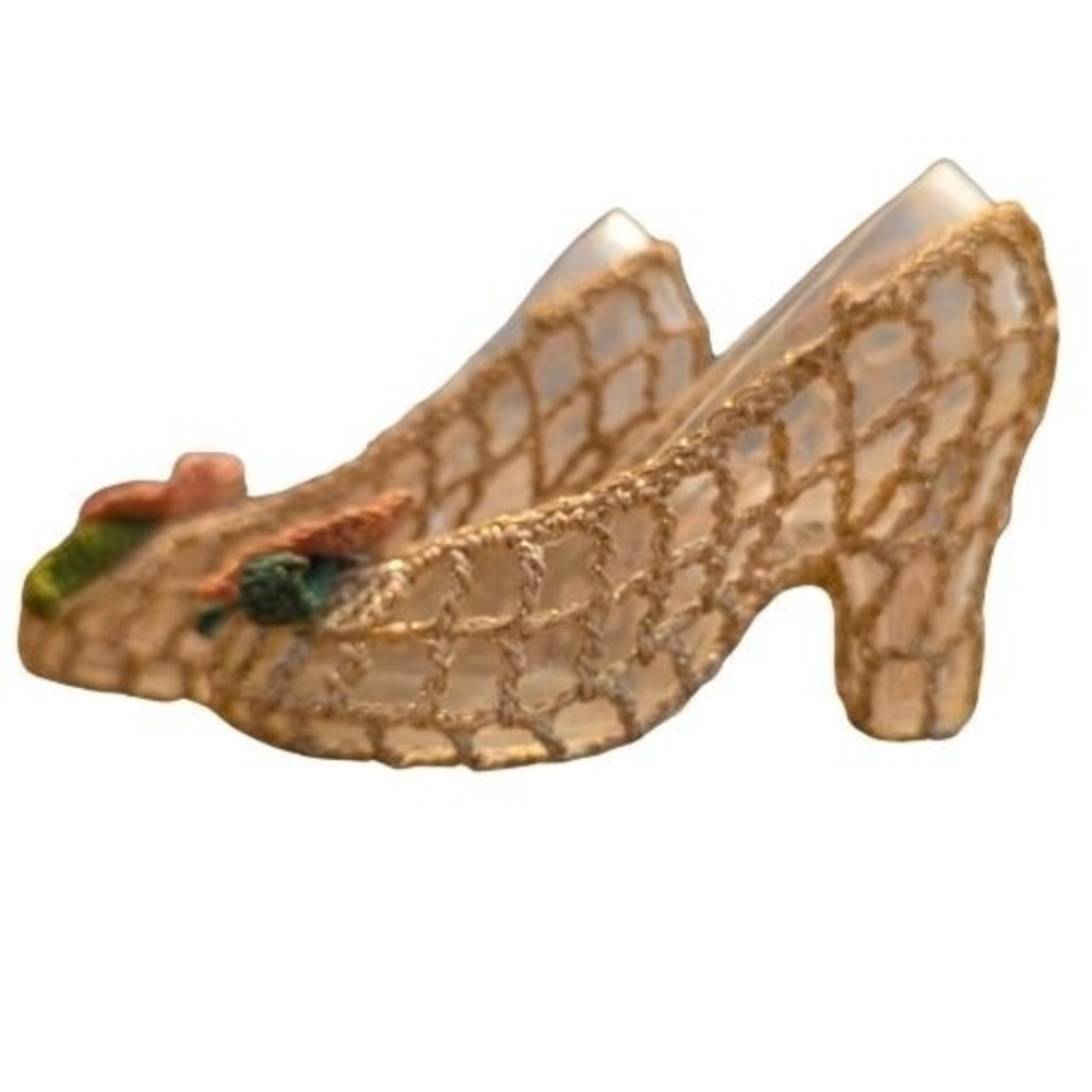 Vintage Gold Sparkle Crochet Miniature "Glass" Slipper Figurine Lace Floral